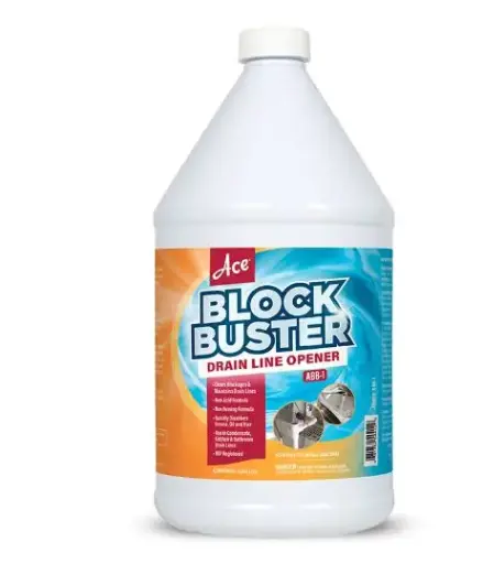 [ABB-1] ABB-1  ACE BLOCK BUSTER   (ABB) 1 GALLON Concentrated blend of potassium hydroxide and surfactants formulated to quickly remove grease, oils, hair and organic matter from all types of drains and drain lines. Quickly remove blockages & maintains drain lines. Ideal for use in condensate, kitchen & bathroom drain lines.CLEANER