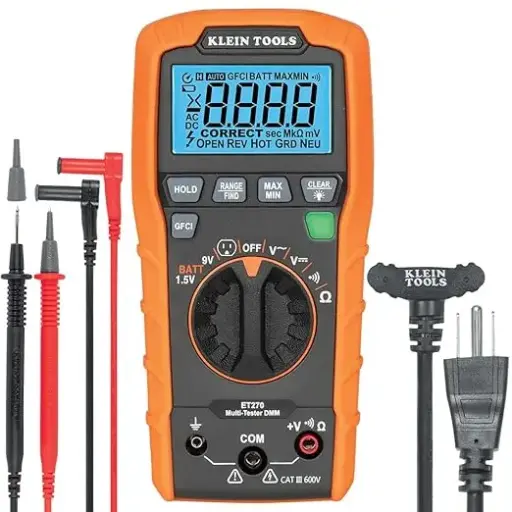 [ET270] ET270 Klein Tools ET270 Multi-probador digital de rango automático, AC/DC, resistencia, continuidad, probador de receptáculo GFCI con cables de prueba y cable de receptáculo