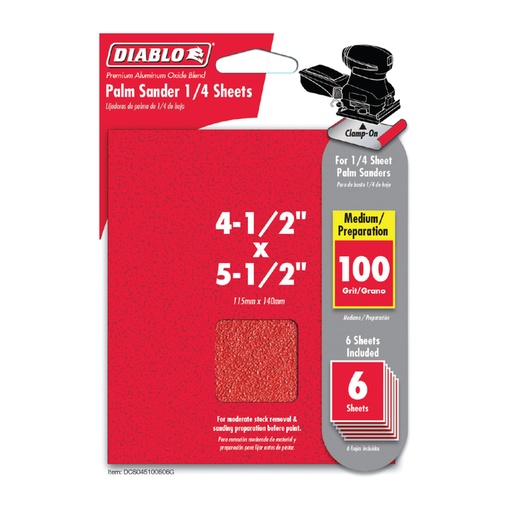 [DCS045100S06G] DCS045100S06G  4-1/2" x 5-1/2" 100-Grit Palm Sander 1/4 Sanding Sheets (6-Pack) DIABLO