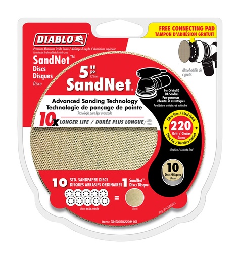 [DND050220H10I] Diablo SandNet Reusable Sanding Discs with Connection Pad for Wood, Metal and Plastics - 5", 220 Grit, Ultra Fine, Ceramic Blend, 10-Pack - DND050220H10I
